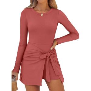 Caracilia Women Long Sleeve Tennis Dress 2026 Spring Bodycon Tie Waist Romper Skorts Athletic Mini Dresses Built in Shorts(Rust Red)