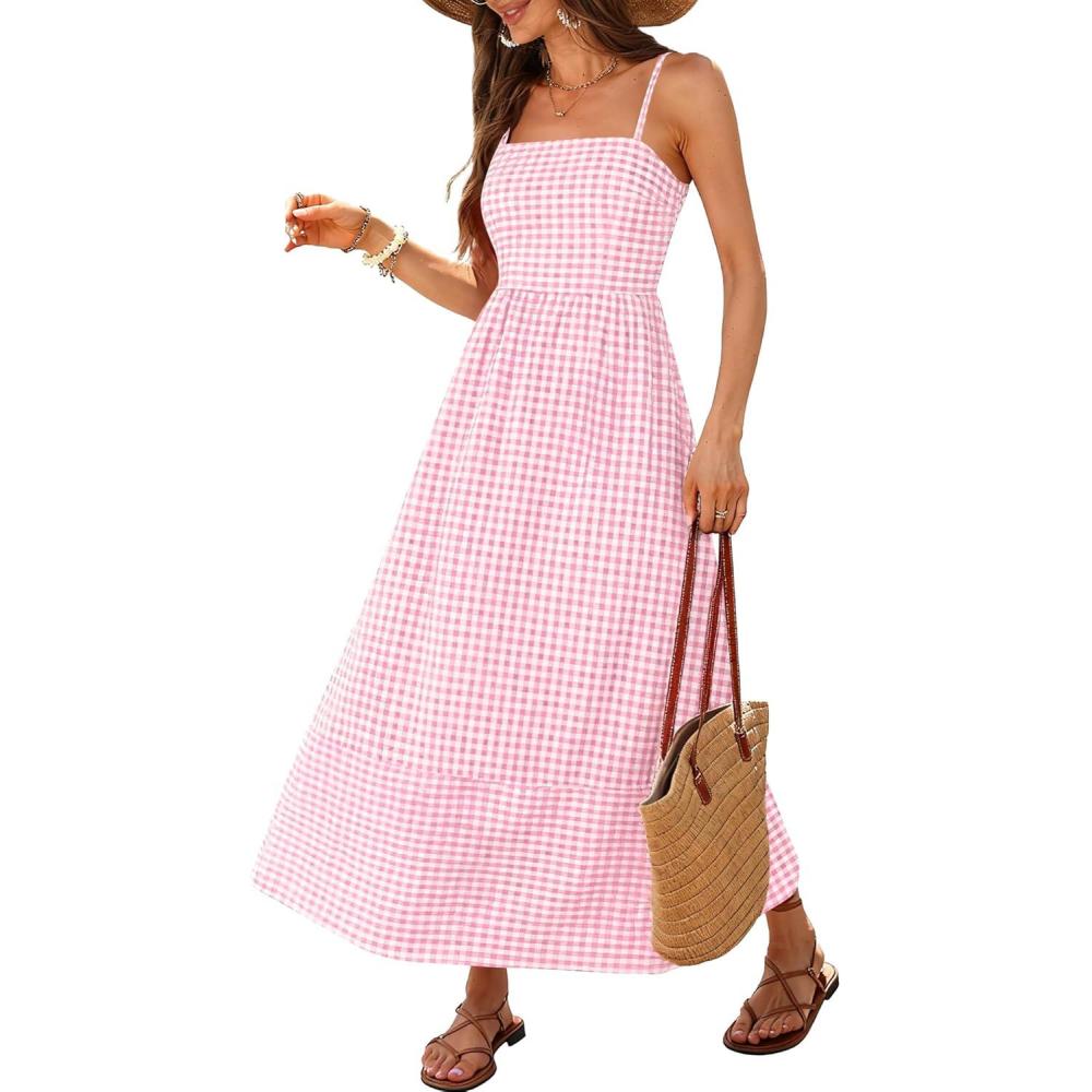 imageCaracilia Womens Maxi Dresses Gingham Spaghetti Strap Back Smocked Flowy Long Sundress Summer Beach Vacation Clothes 2026Pink White Plaid