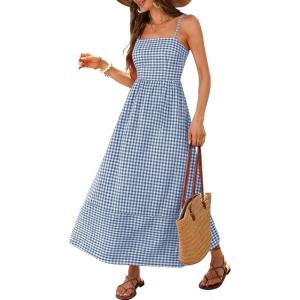 Caracilia Womens Maxi Dresses Gingham Spaghetti Strap Back Smocked Flowy Long Sundress Summer Beach Vacation Clothes 2026(Blue White Plaid)