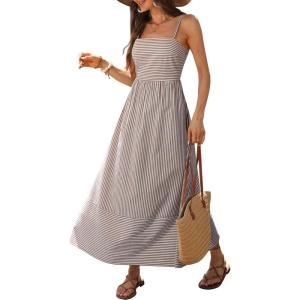 Caracilia Womens Maxi Dresses Gingham Spaghetti Strap Back Smocked Flowy Long Sundress Summer Beach Vacation Clothes 2026(Brown White Stripe)
