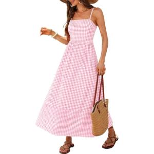 Caracilia Womens Maxi Dresses Gingham Spaghetti Strap Back Smocked Flowy Long Sundress Summer Beach Vacation Clothes 2026(Pink White Plaid)