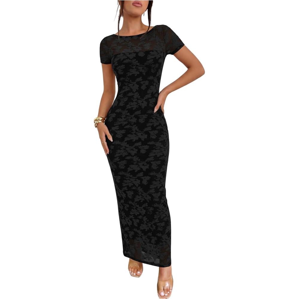 imageCaracilia Womens Summer Wedding Guest Dress Spring Mesh Double Lined Floral Bodycon Formal Cocktail Party Club Maxi DressesBlack Floral