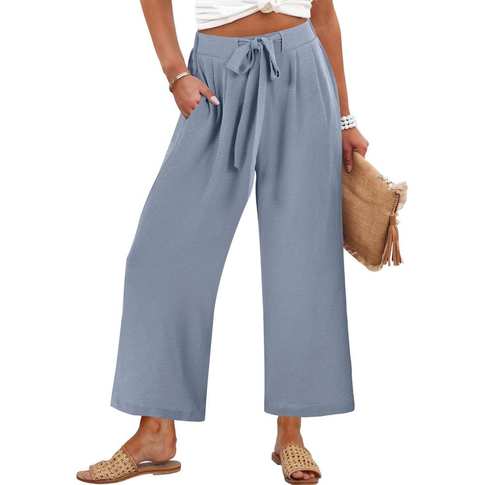 imageCaracilia Womens Wide Leg Palazzo Pants Cropped High Waisted 2026 Summer Casual Loose Lounge Flowy Travel Work TrousersGrey Blue