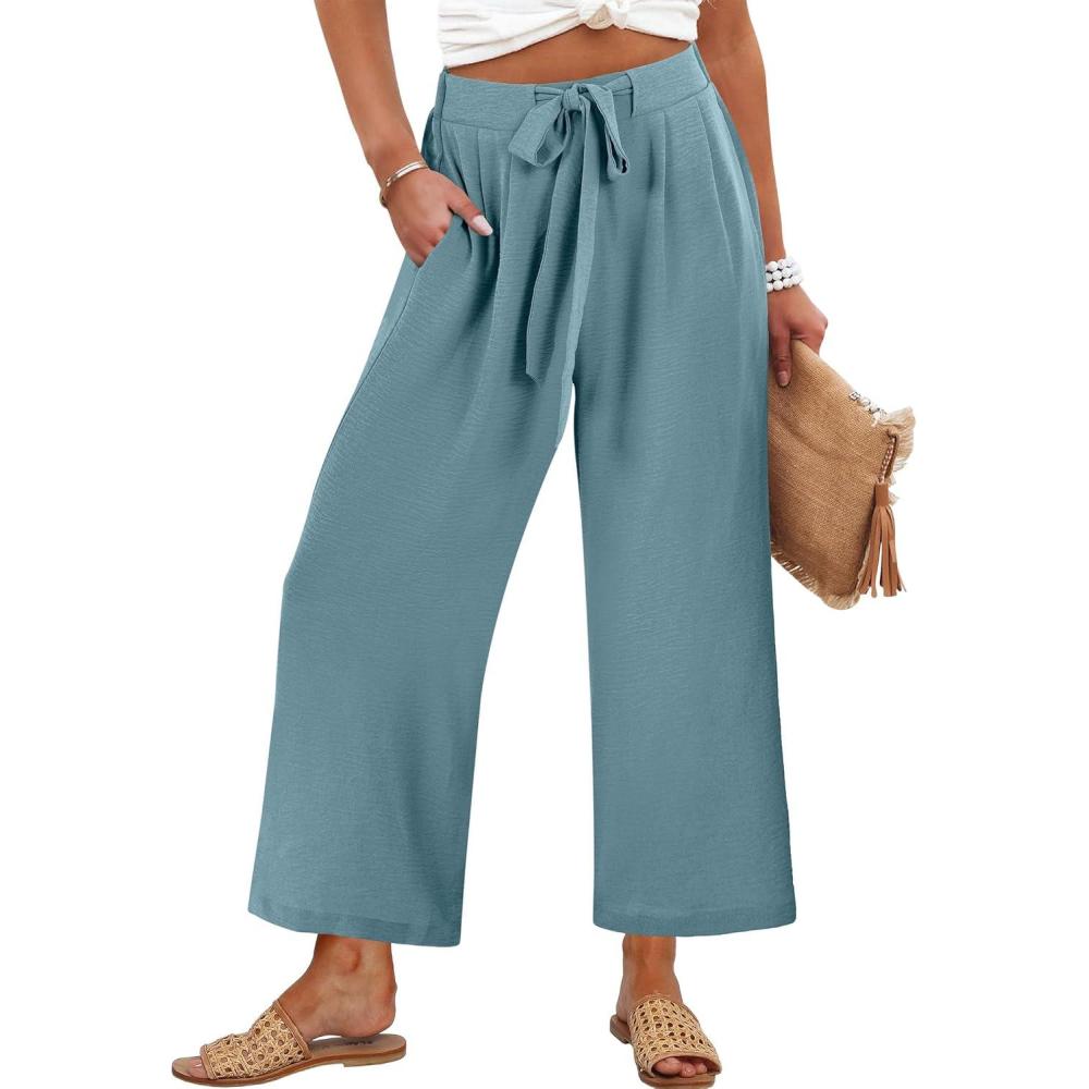 imageCaracilia Womens Wide Leg Palazzo Pants Cropped High Waisted 2026 Summer Casual Loose Lounge Flowy Travel Work TrousersLake