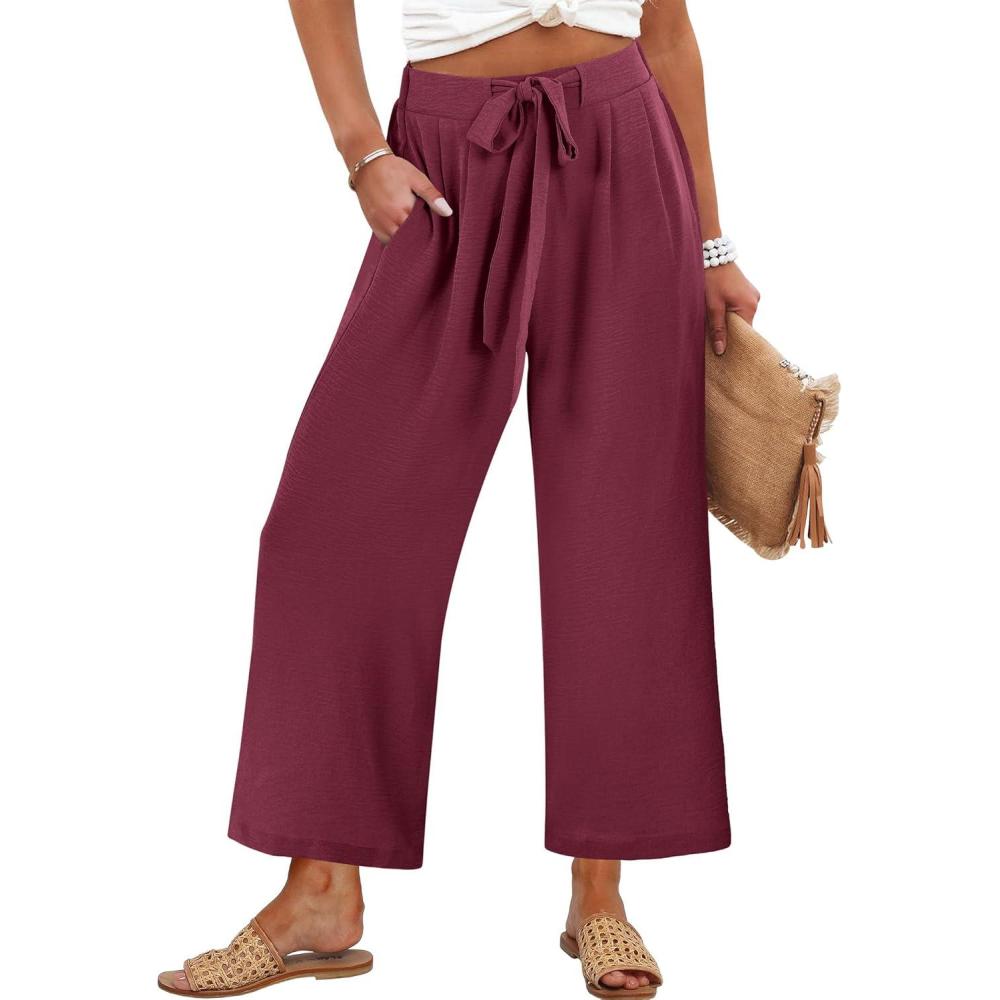 imageCaracilia Womens Wide Leg Palazzo Pants Cropped High Waisted 2026 Summer Casual Loose Lounge Flowy Travel Work TrousersWine Red