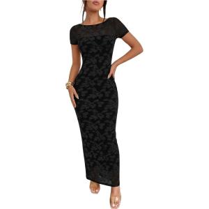 Caracilia Womens Summer Wedding Guest Dress Spring Mesh Double Lined Floral Bodycon Formal Cocktail Party Club Maxi Dresses(Black Floral)