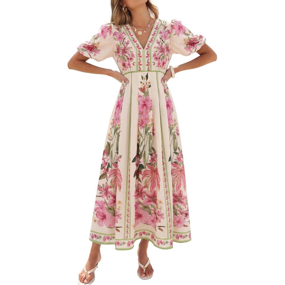 imageCaracilia Womens Short Puff Sleeve Maxi Dress Boho Floral A Line V Neck Spring Summer Formal Wedding Guest Party Long DressesFloral Green Pink
