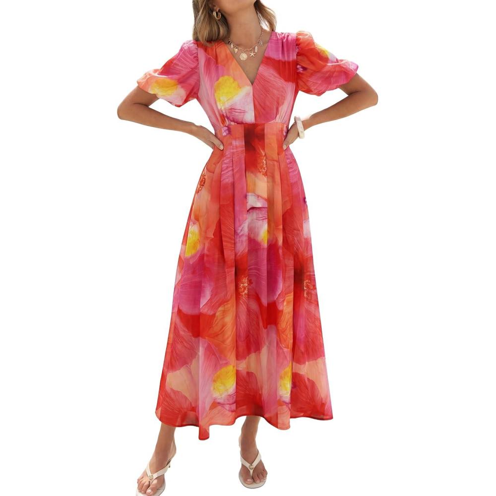 imageCaracilia Womens Short Puff Sleeve Maxi Dress Boho Floral A Line V Neck Spring Summer Formal Wedding Guest Party Long DressesFloral Orange Pink