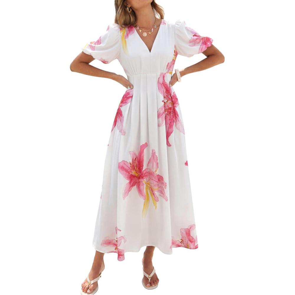 imageCaracilia Womens Short Puff Sleeve Maxi Dress Boho Floral A Line V Neck Spring Summer Formal Wedding Guest Party Long DressesFloral White Pink