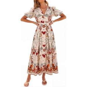 Caracilia Womens Short Puff Sleeve Maxi Dress Boho Floral A Line V Neck Spring Summer Formal Wedding Guest Party Long Dresses(Floral 01)