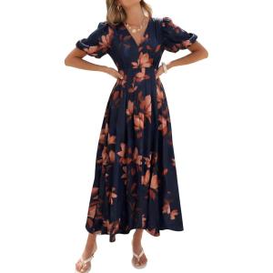 Caracilia Womens Short Puff Sleeve Maxi Dress Boho Floral A Line V Neck Spring Summer Formal Wedding Guest Party Long Dresses(Floral Brown Blue)