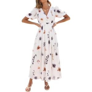 Caracilia Womens Short Puff Sleeve Maxi Dress Boho Floral A Line V Neck Spring Summer Formal Wedding Guest Party Long Dresses(Floral White Black)