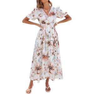 Caracilia Womens Short Puff Sleeve Maxi Dress Boho Floral A Line V Neck Spring Summer Formal Wedding Guest Party Long Dresses(Printed White)