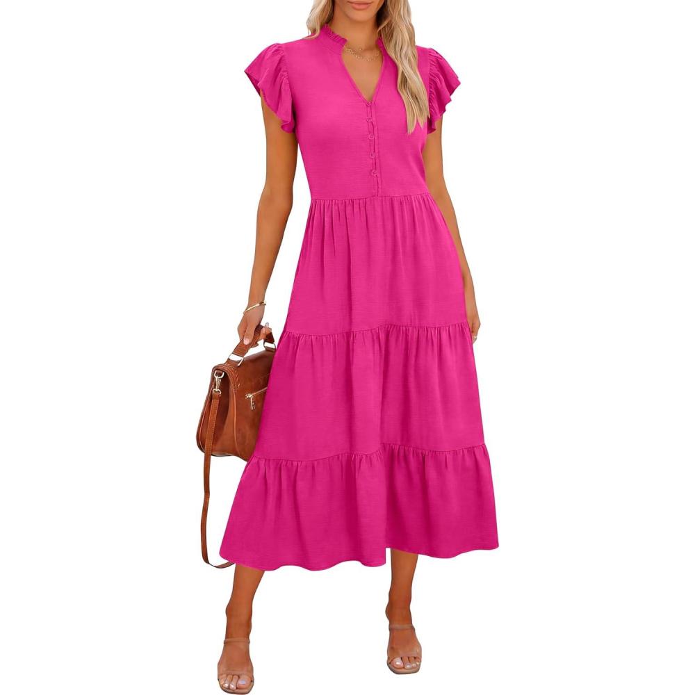 imageCaracilia Women Summer Casual V Neck Button Down Ruffle Sleeve Midi Dresses 2026 Fashion Flowy Tiered Beach Vacation SundressHot Pink