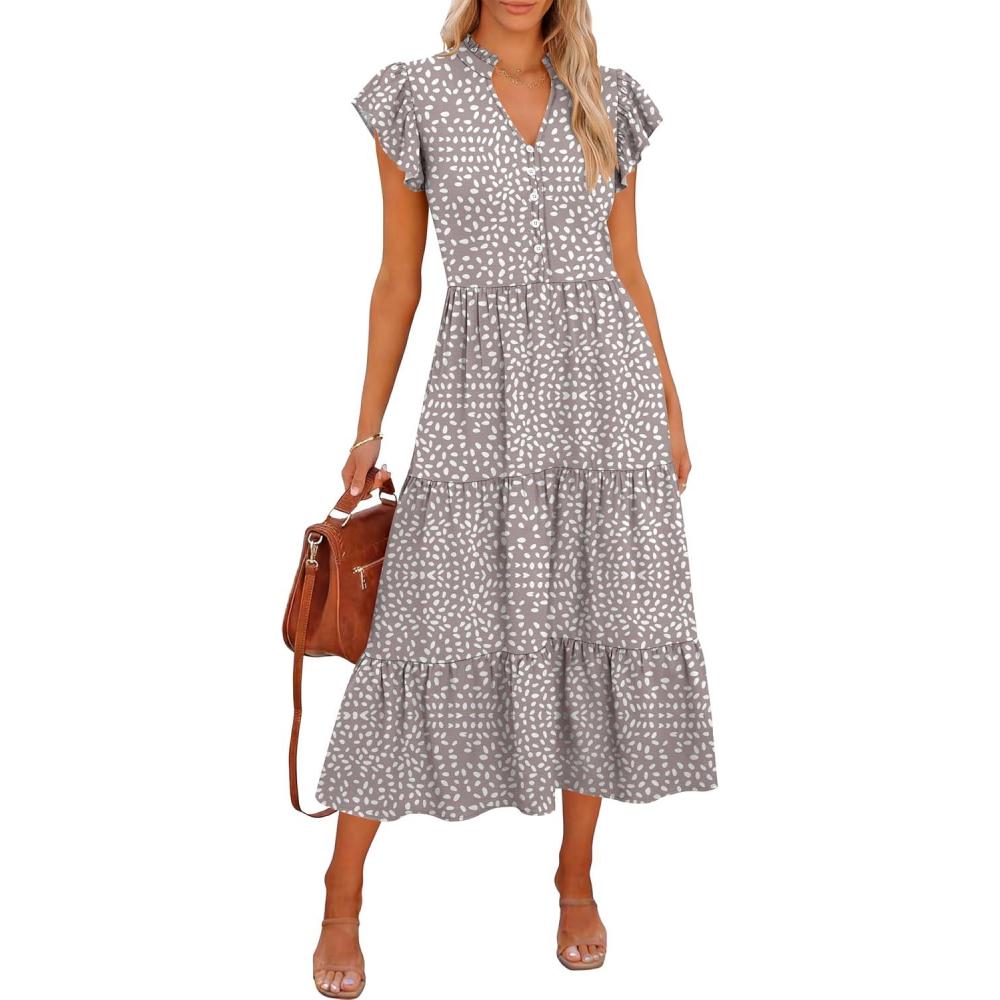 imageCaracilia Women Summer Casual V Neck Button Down Ruffle Sleeve Midi Dresses 2026 Fashion Flowy Tiered Beach Vacation SundressKhaki Polka Dot Gray