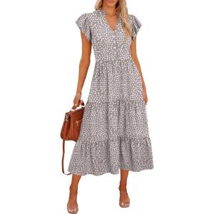Caracilia Women Summer Casual V Neck Button Down Ruffle Sleeve Midi Dresses 2026 Fashion Flowy Tiered Beach Vacation Sundress(Khaki Polka Dot Gray)