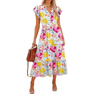 Caracilia Women Summer Casual V Neck Button Down Ruffle Sleeve Midi Dresses 2026 Fashion Flowy Tiered Beach Vacation Sundress(Multicolour Floral)