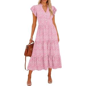 Caracilia Women Summer Casual V Neck Button Down Ruffle Sleeve Midi Dresses 2026 Fashion Flowy Tiered Beach Vacation Sundress(Pink Floral)