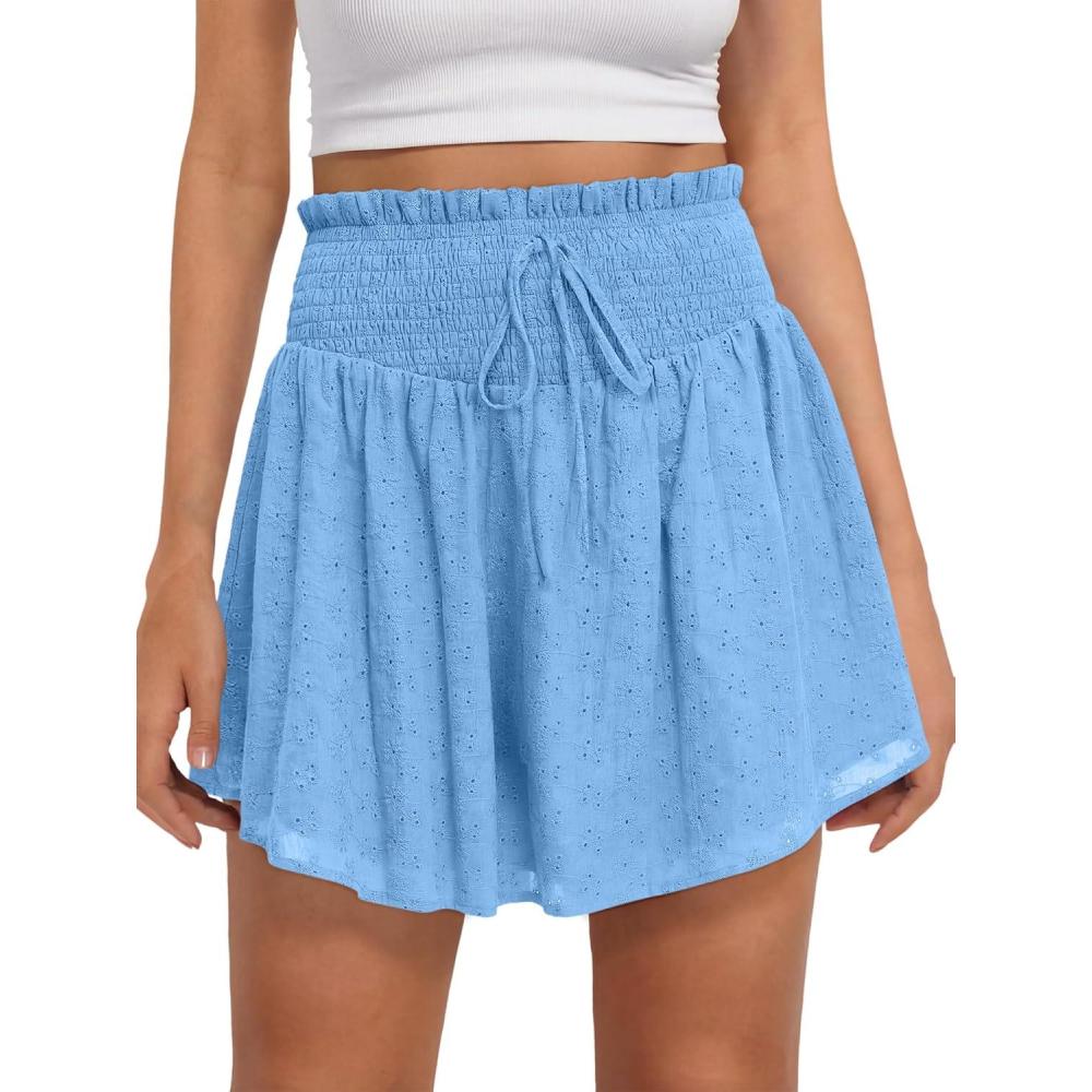 imageCaracilia Womens Summer Eyelet Mini Skirts High Waist Smocked Layered Ruffle Cute Boho Short Skorts 2026 Casual Beach OutfitsLight Blue