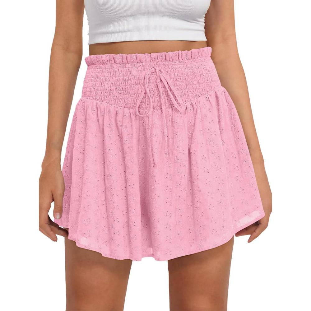 imageCaracilia Womens Summer Eyelet Mini Skirts High Waist Smocked Layered Ruffle Cute Boho Short Skorts 2026 Casual Beach OutfitsPink