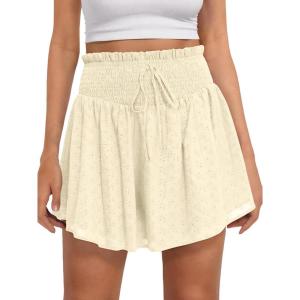 Caracilia Womens Summer Eyelet Mini Skirts High Waist Smocked Layered Ruffle Cute Boho Short Skorts 2026 Casual Beach Outfits(Beige)