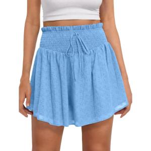 Caracilia Womens Summer Eyelet Mini Skirts High Waist Smocked Layered Ruffle Cute Boho Short Skorts 2026 Casual Beach Outfits(Light Blue)