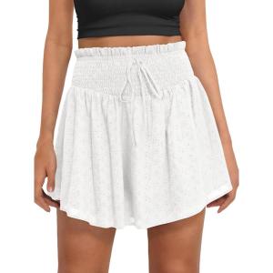 Caracilia Womens Summer Eyelet Mini Skirts High Waist Smocked Layered Ruffle Cute Boho Short Skorts 2026 Casual Beach Outfits(White)