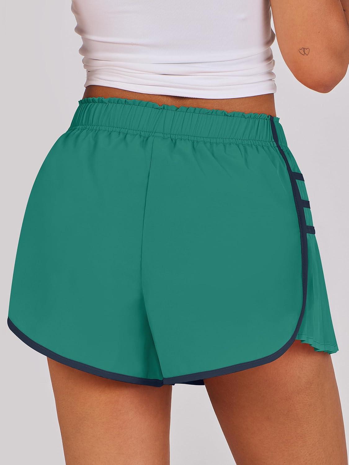 imageCaracilia Women Running Shorts Flowy Pleated Athletic Shorts Summer High Waisted Tennis Sporty Workout Gym ShortsGreen With Blue