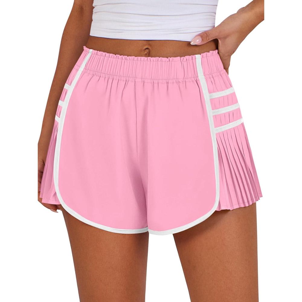 imageCaracilia Women Running Shorts Flowy Pleated Athletic Shorts Summer High Waisted Tennis Sporty Workout Gym ShortsPink