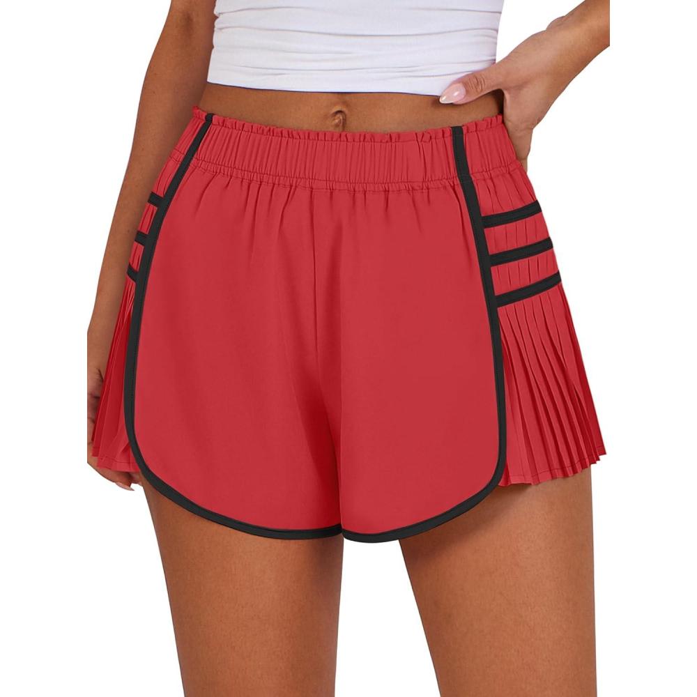 imageCaracilia Women Running Shorts Flowy Pleated Athletic Shorts Summer High Waisted Tennis Sporty Workout Gym ShortsRed