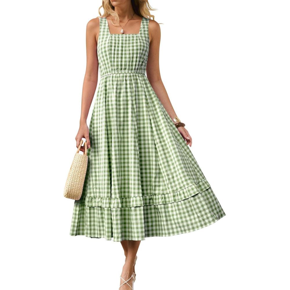 imageCaracilia Womens Summer Casual Gingham Plaid Midi Dress Sleeveless Square Neck Flowy Beach Vacation Sundress with PocketsGreen White Plaid