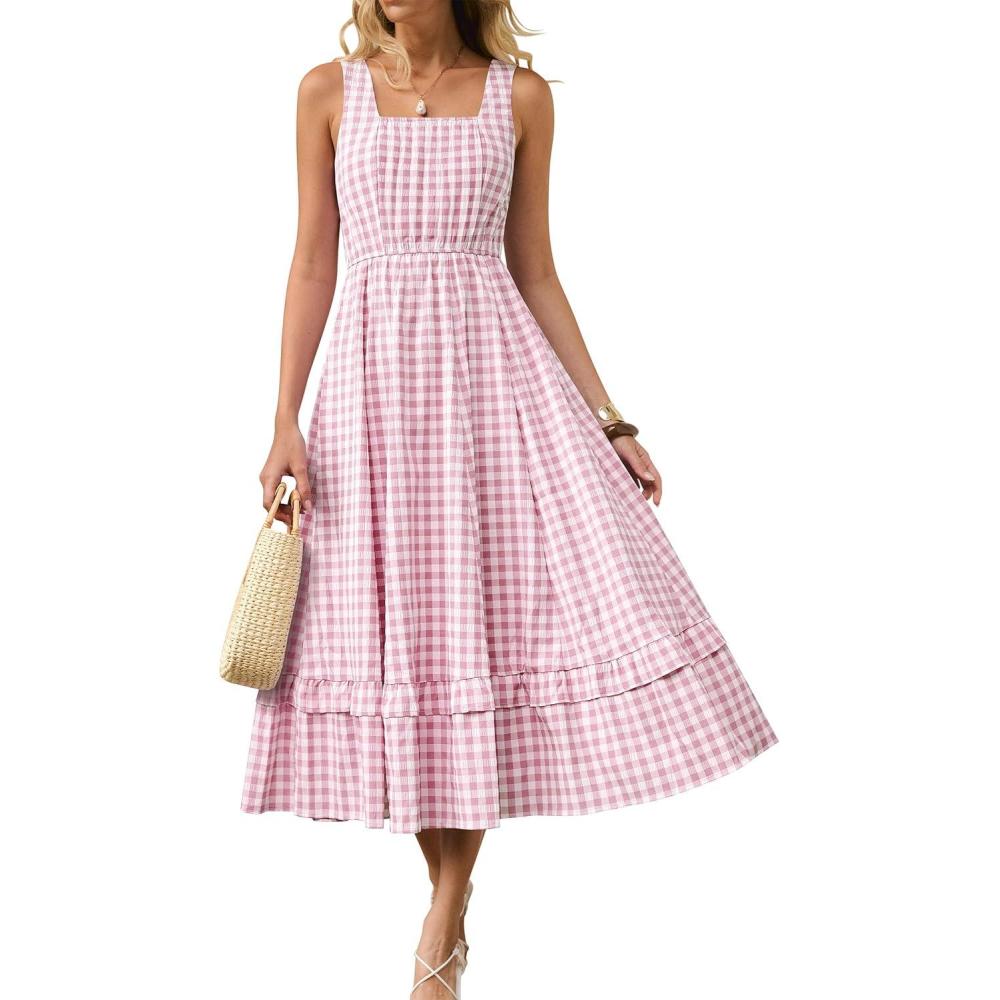 imageCaracilia Womens Summer Casual Gingham Plaid Midi Dress Sleeveless Square Neck Flowy Beach Vacation Sundress with PocketsPink White Plaid