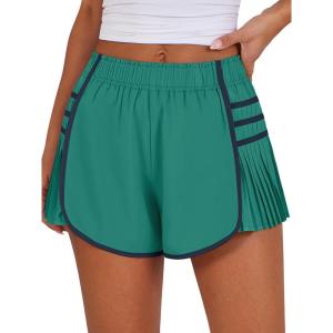 Caracilia Women Running Shorts Flowy Pleated Athletic Shorts Summer High Waisted Tennis Sporty Workout Gym Shorts(Green With Blue)