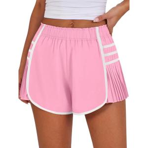 Caracilia Women Running Shorts Flowy Pleated Athletic Shorts Summer High Waisted Tennis Sporty Workout Gym Shorts(Pink)