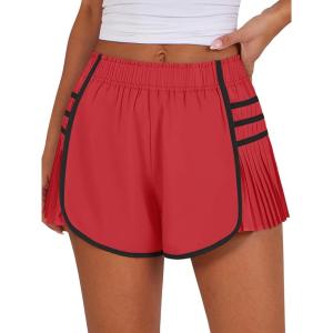 Caracilia Women Running Shorts Flowy Pleated Athletic Shorts Summer High Waisted Tennis Sporty Workout Gym Shorts(Red)