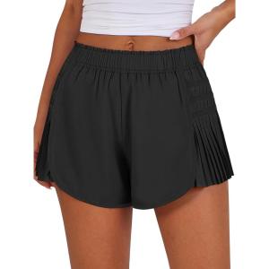 Caracilia Women Running Shorts Flowy Pleated Athletic Shorts Summer High Waisted Tennis Sporty Workout Gym Shorts(Solid Black)