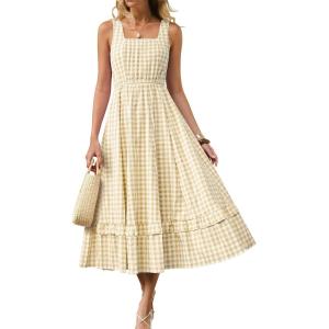 Caracilia Womens Summer Casual Gingham Plaid Midi Dress Sleeveless Square Neck Flowy Beach Vacation Sundress with Pockets(Yellow White Plaid)