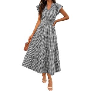 Caracilia Womens Summer Maxi Dresses Casual V Neck Cap Sleeve Gingham Striped Dress Flowy Tiered Beach Vacation Midi Sundress(Black White Plaid)