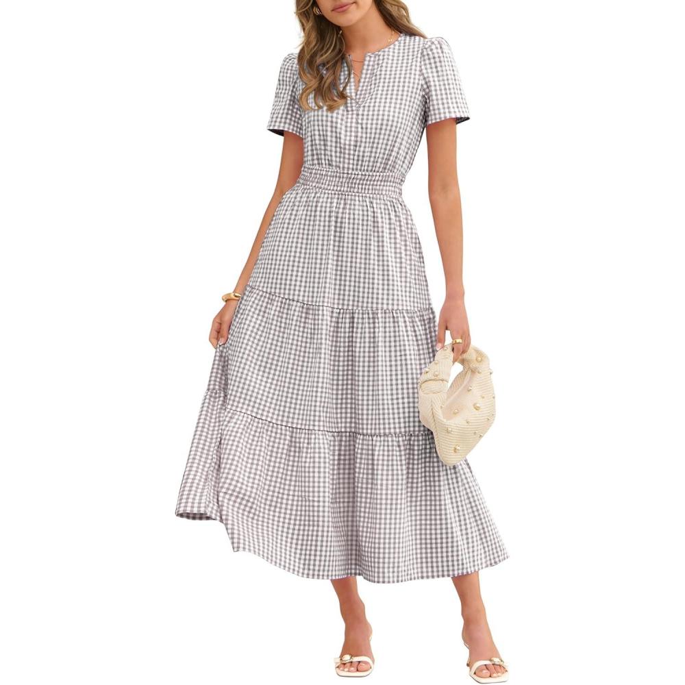 imageCaracilia Womens Summer Short Sleeve VNeck Maxi Dress Gingham amp Striped Fabric Casual ALine Dress for Beach amp VacationGray Brown Gingham