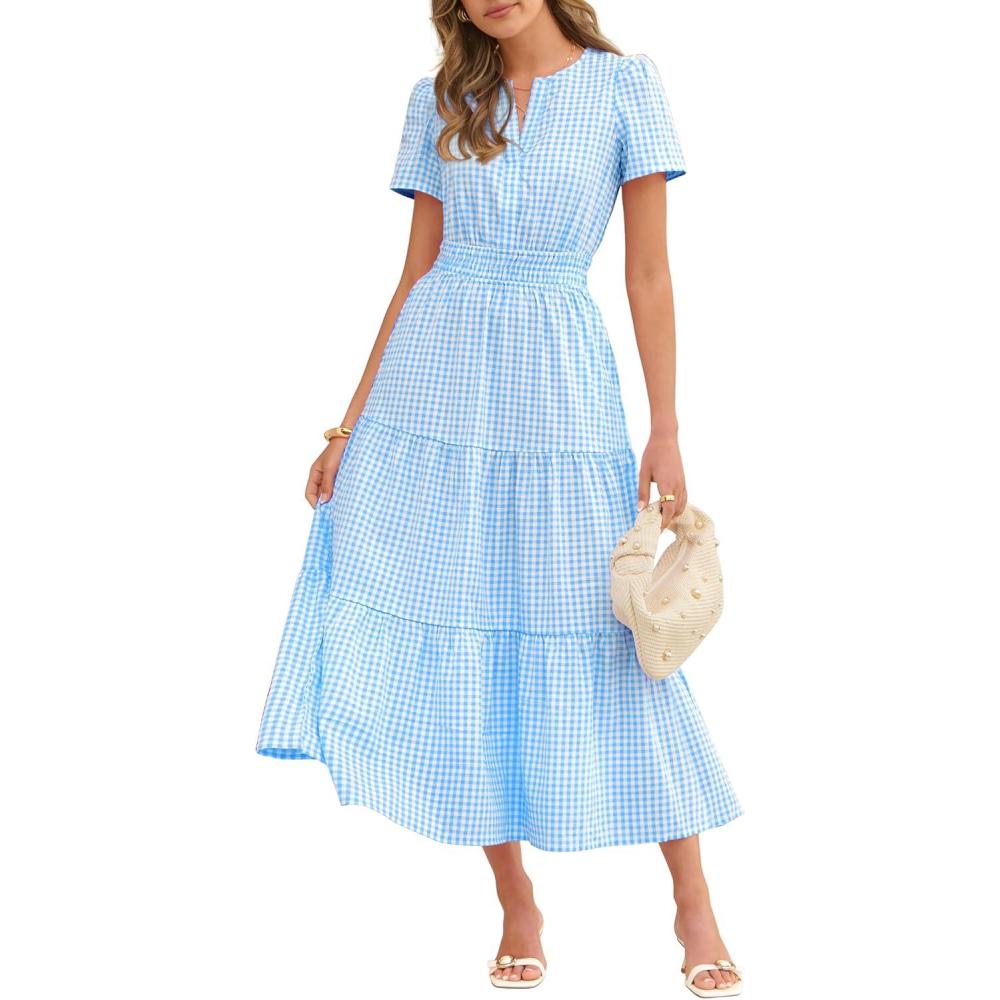 imageCaracilia Womens Summer Short Sleeve VNeck Maxi Dress Gingham amp Striped Fabric Casual ALine Dress for Beach amp VacationLight Blue Gingham