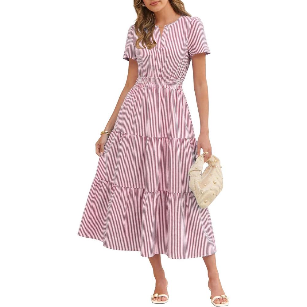 imageCaracilia Womens Summer Short Sleeve VNeck Maxi Dress Gingham amp Striped Fabric Casual ALine Dress for Beach amp VacationRed White Stripe