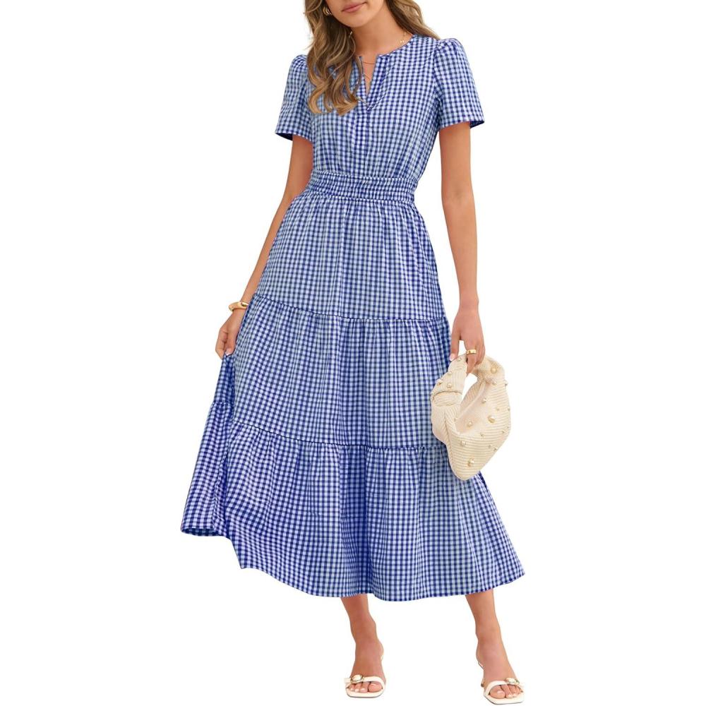 imageCaracilia Womens Summer Short Sleeve VNeck Maxi Dress Gingham amp Striped Fabric Casual ALine Dress for Beach amp VacationRoyal Blue Gingham