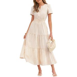 Caracilia Women’s Summer Short Sleeve V-Neck Maxi Dress, Gingham & Striped Fabric, Casual A-Line Dress for Beach & Vacation(Light Yellow Gingham)