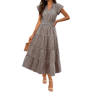 Caracilia Womens Summer Maxi Dresses Casual V Neck Cap Sleeve Gingham Striped Dress Flowy Tiered Beach Vacation Midi Sundress(Brown White Plaid)