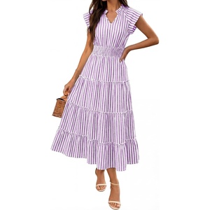Caracilia Womens Summer Maxi Dresses Casual V Neck Cap Sleeve Gingham Striped Dress Flowy Tiered Beach Vacation Midi Sundress(Purple White Stripe)