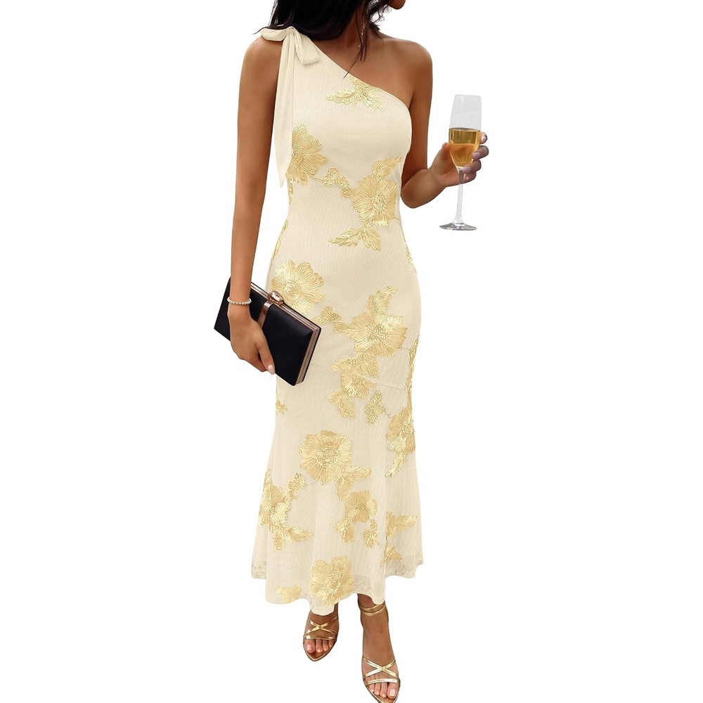 image:imageCaracilia Womens Floral One Shoulder Formal Dress Summer Elegant Bodycon Mesh Wedding Guest Cocktail Party Long Maxi DressesApricot