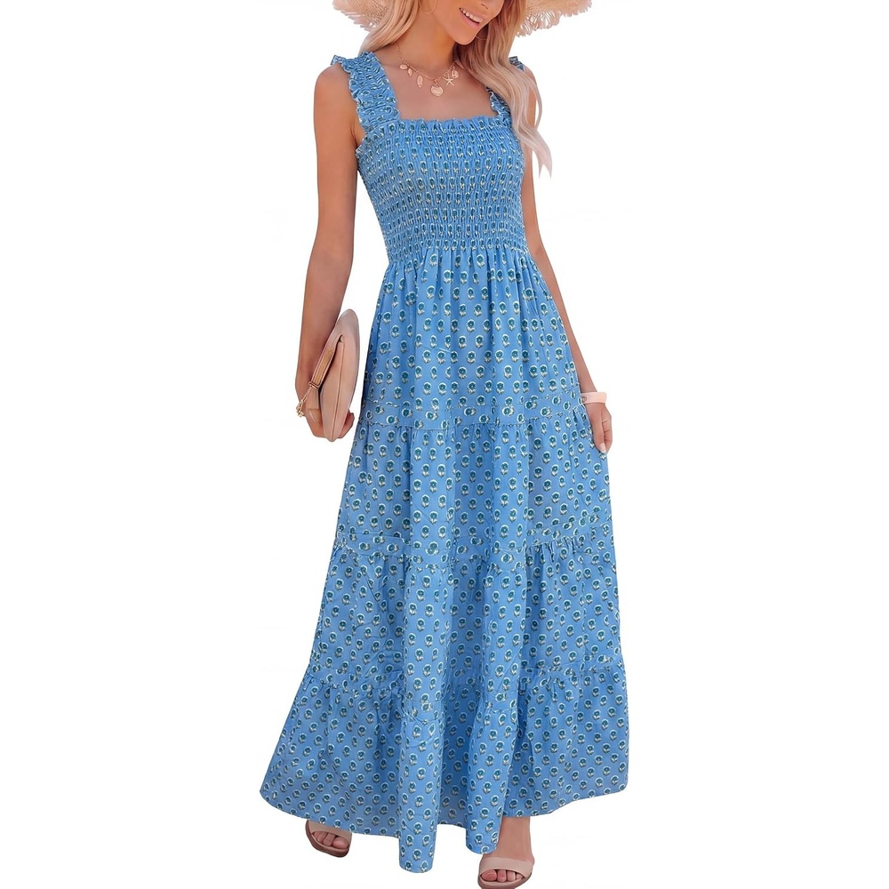 image:imageCaracilia Womens Summer Maxi Dresses Floral Smocked Sleeveless Ruffle Boho Casual Flowy Aline Beach Vacation Long SundressBlue Rose