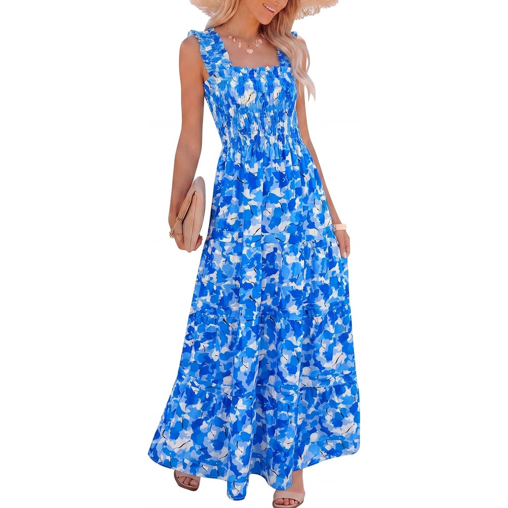image:imageCaracilia Womens Summer Maxi Dresses Floral Smocked Sleeveless Ruffle Boho Casual Flowy Aline Beach Vacation Long SundressGradient Blue Floral