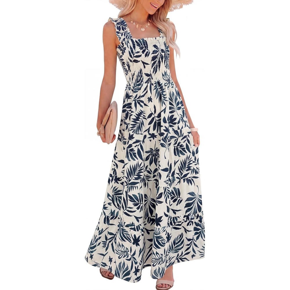 image:imageCaracilia Womens Summer Maxi Dresses Floral Smocked Sleeveless Ruffle Boho Casual Flowy Aline Beach Vacation Long SundressNavy Leaves