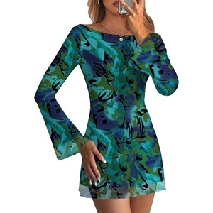 Caracilia Women’s Boat Neck Bell Long Sleeve Short Dress | Mesh Double Lined,Mini Slim Bodycon,Date Night Out Club Cocktail,Cute Floral&Solid,Graduation Party Formal Events,Spring Fall(Green Print)